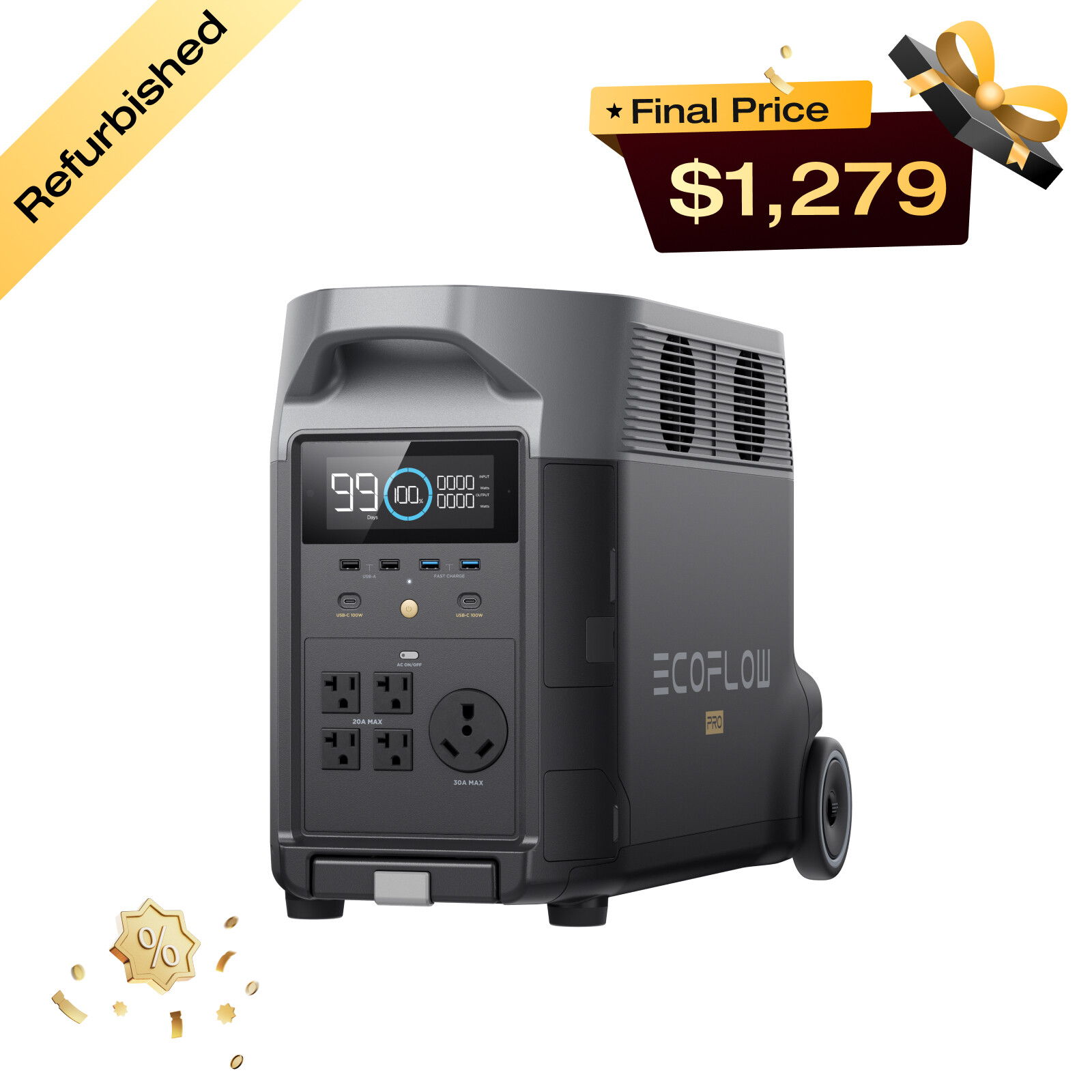 EcoFlow DELTA Pro 3600Wh Power Station Generator Certified Refurbished, LFP