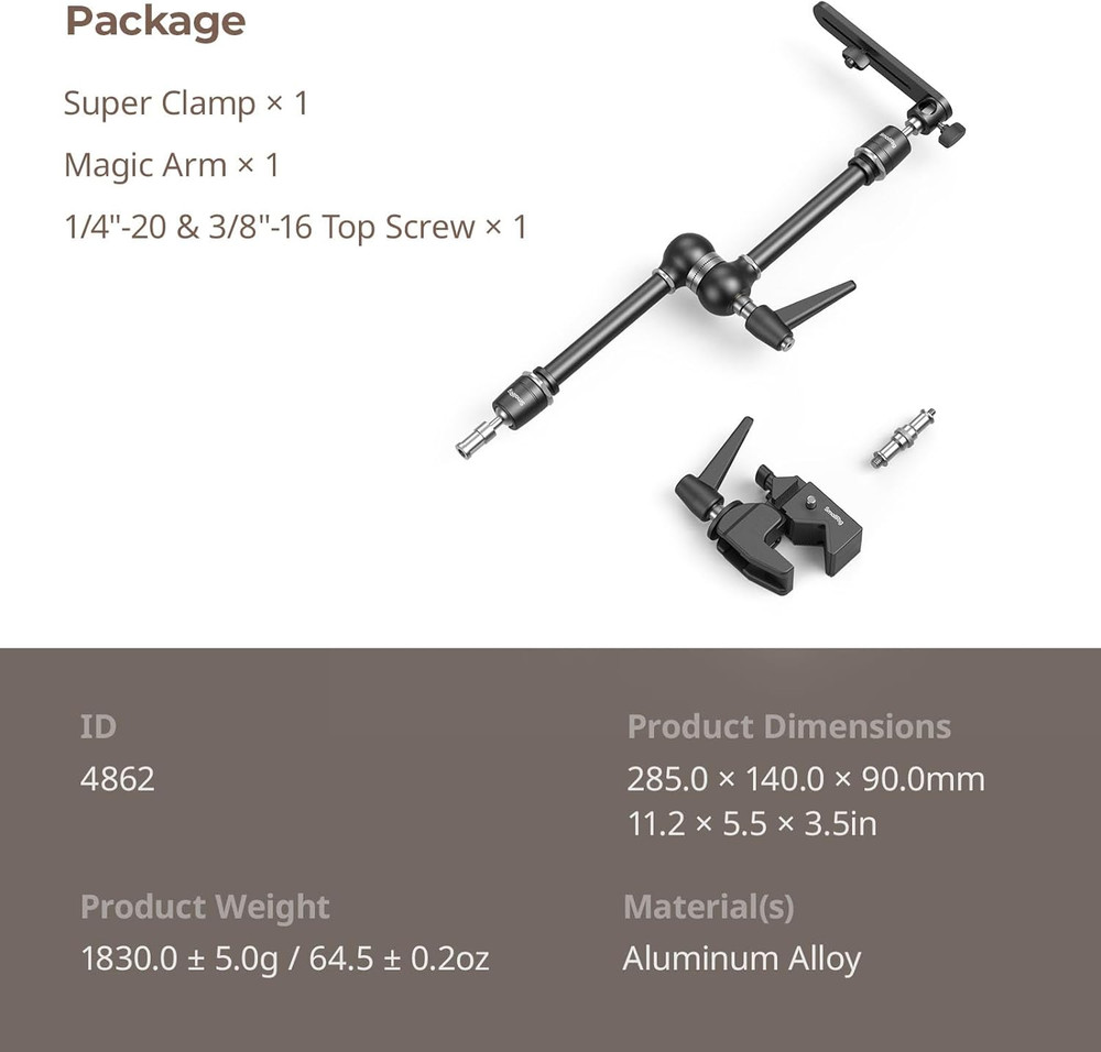 Friction Magic Arm Camera Mount with Super Clamp and Platform, Overhead Camera D