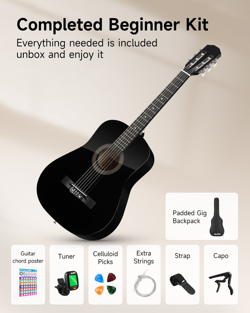 Moukey 38" Acoustic Guitar Dreadnought Beginner Bundle With Strap Bag Tuner Pick