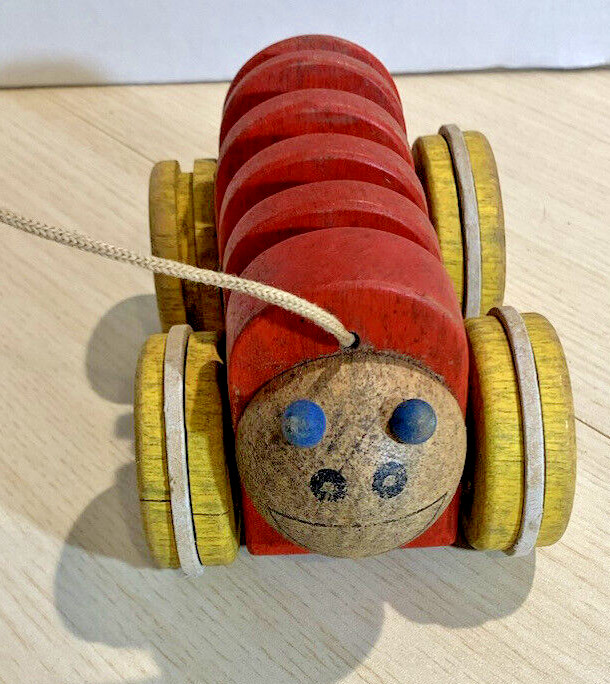 Vintage Inch Worm Pull Toy Solid Painted Wood Action Hand Made 7"