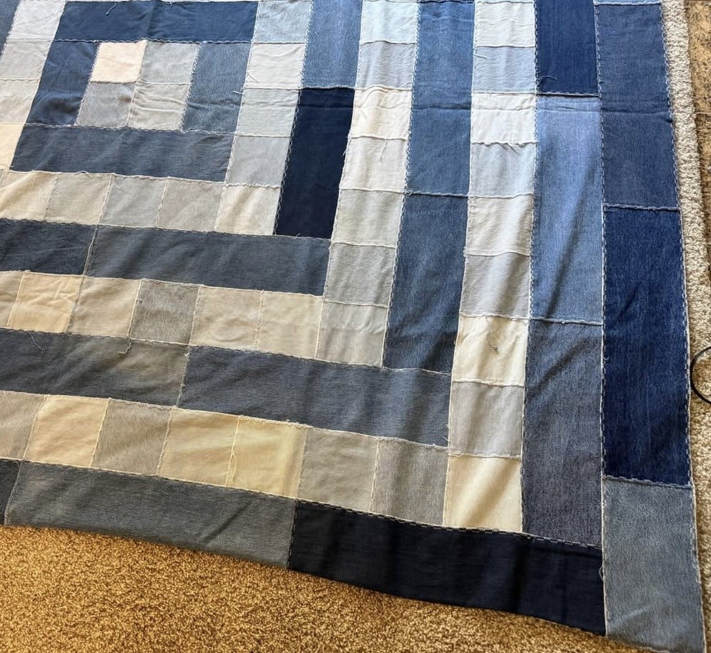 Vintage Patchwork Squares Denim Quilt Heavy Unique Mod Geometric