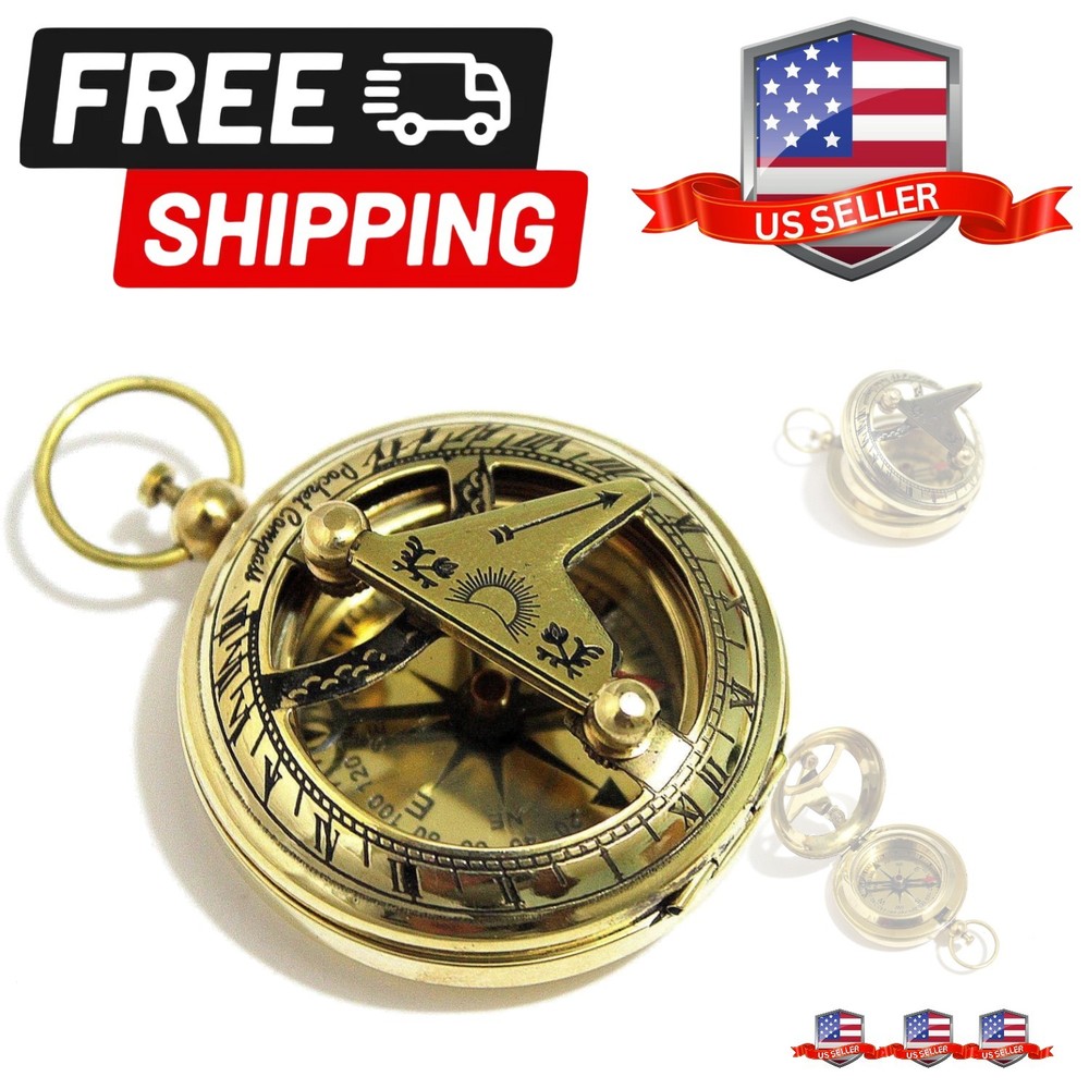 Brass Push Button Direction Sundial Compass - Pocket Sundial Compass Rustic V...