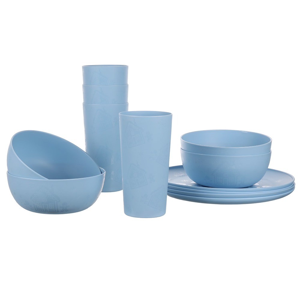 12-Piece Plastic Etched Gingerbread Dinnerware Set, Blue