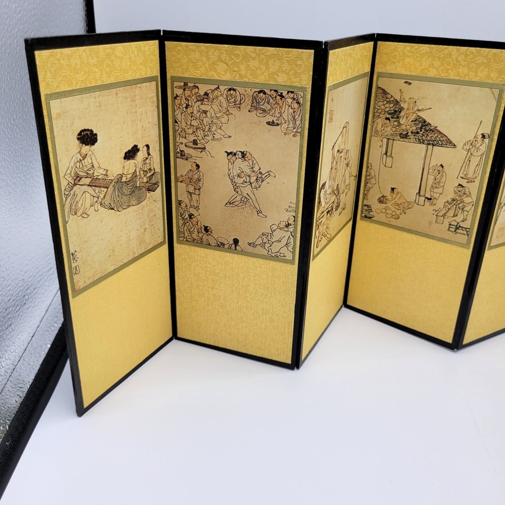 Vintage Folding Screen With Chinese Artwork Calligraphy Double Sided Panel Decor