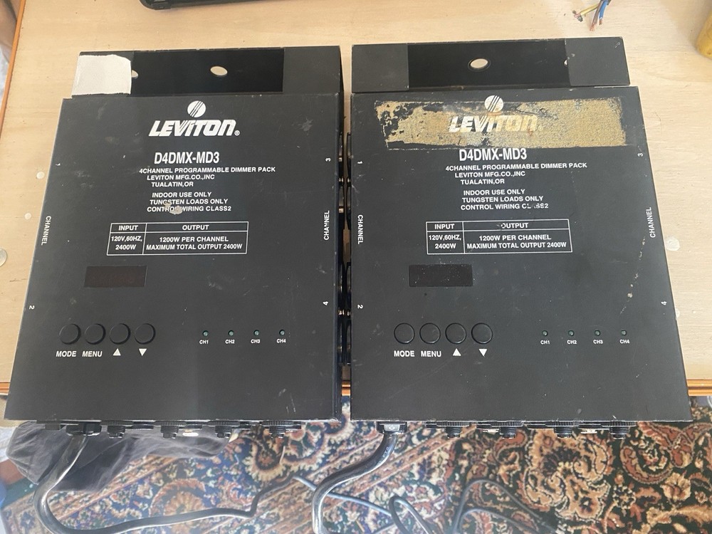 Two Leviton D4DMX-MD3 4-Channel Programmable Dimmer Pack Integrating DMX 15A