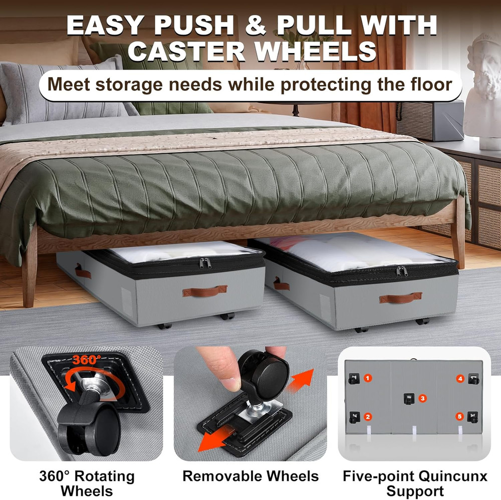 2 Pack under Bed Storage with Wheels, Adjustable-Height Rolling Storage Containe