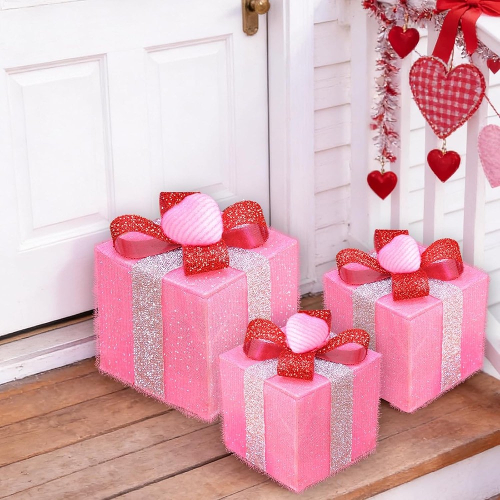 Timer & 8 Mode 3 Pack Valentines Decorations Pink Valentines Lighted Gift Boxes