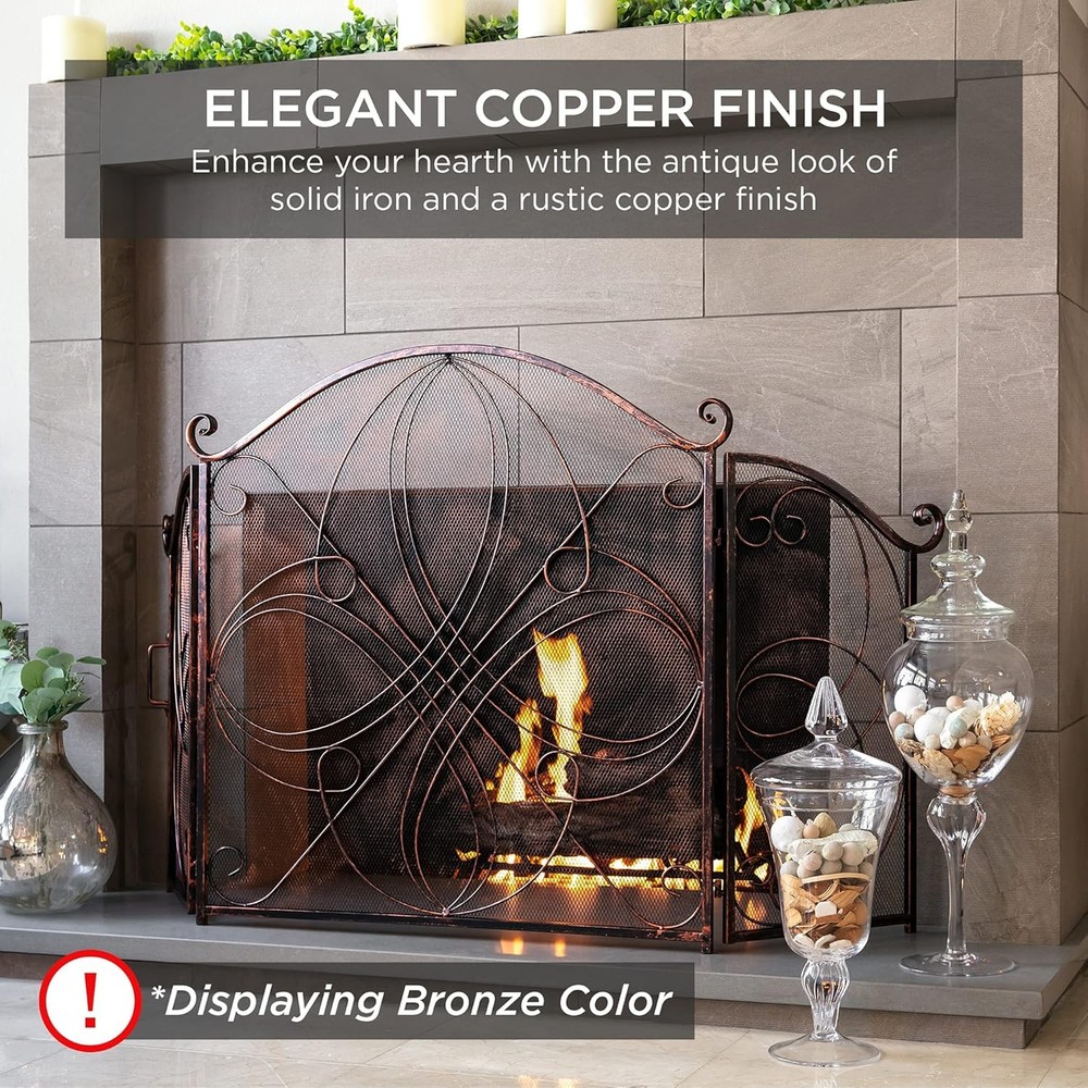 3-Panel Solid Wrought Iron See-Through Metal Fireplace Screen Spark 55x33in