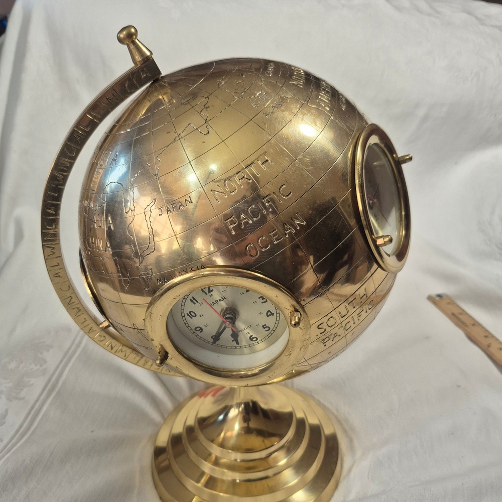 16" BRASS 5 WORLD CLOCKS SPINNING GLOBE