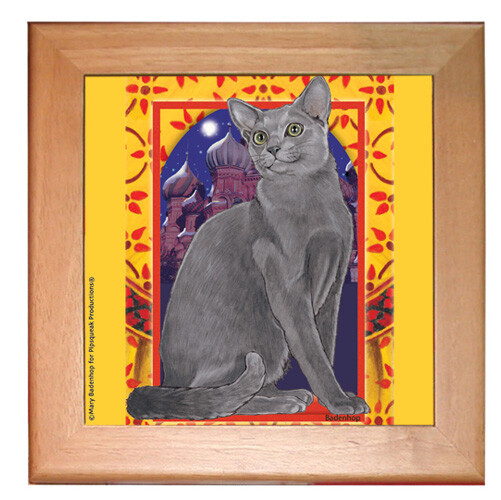Russian Blue Cat Kitchen Ceramic Trivet Framed in Pine 8" x 8"