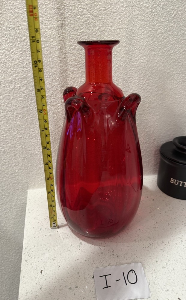 Glass Art Red Vase. Danish Style 4 Handle.
