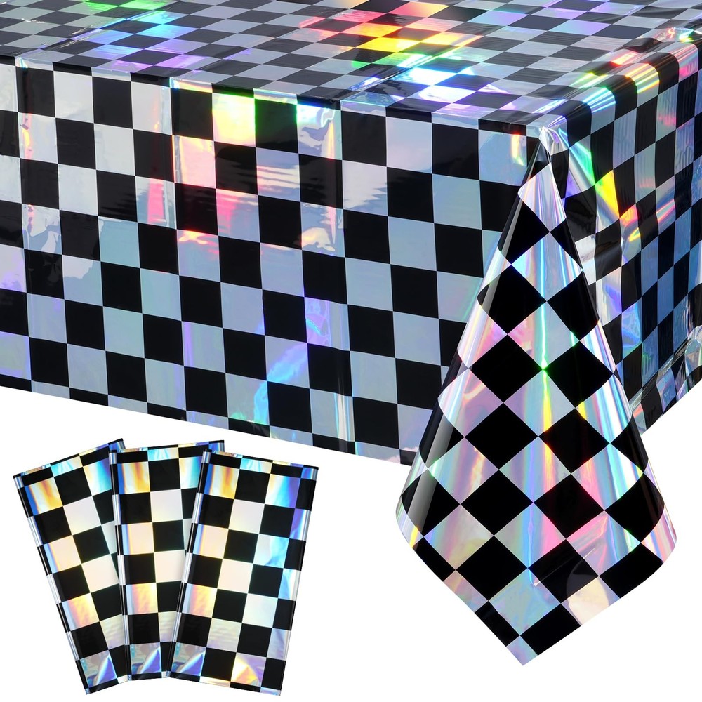 3Pack Black and Iridescent 54" x 108" (3 Pack), Checker