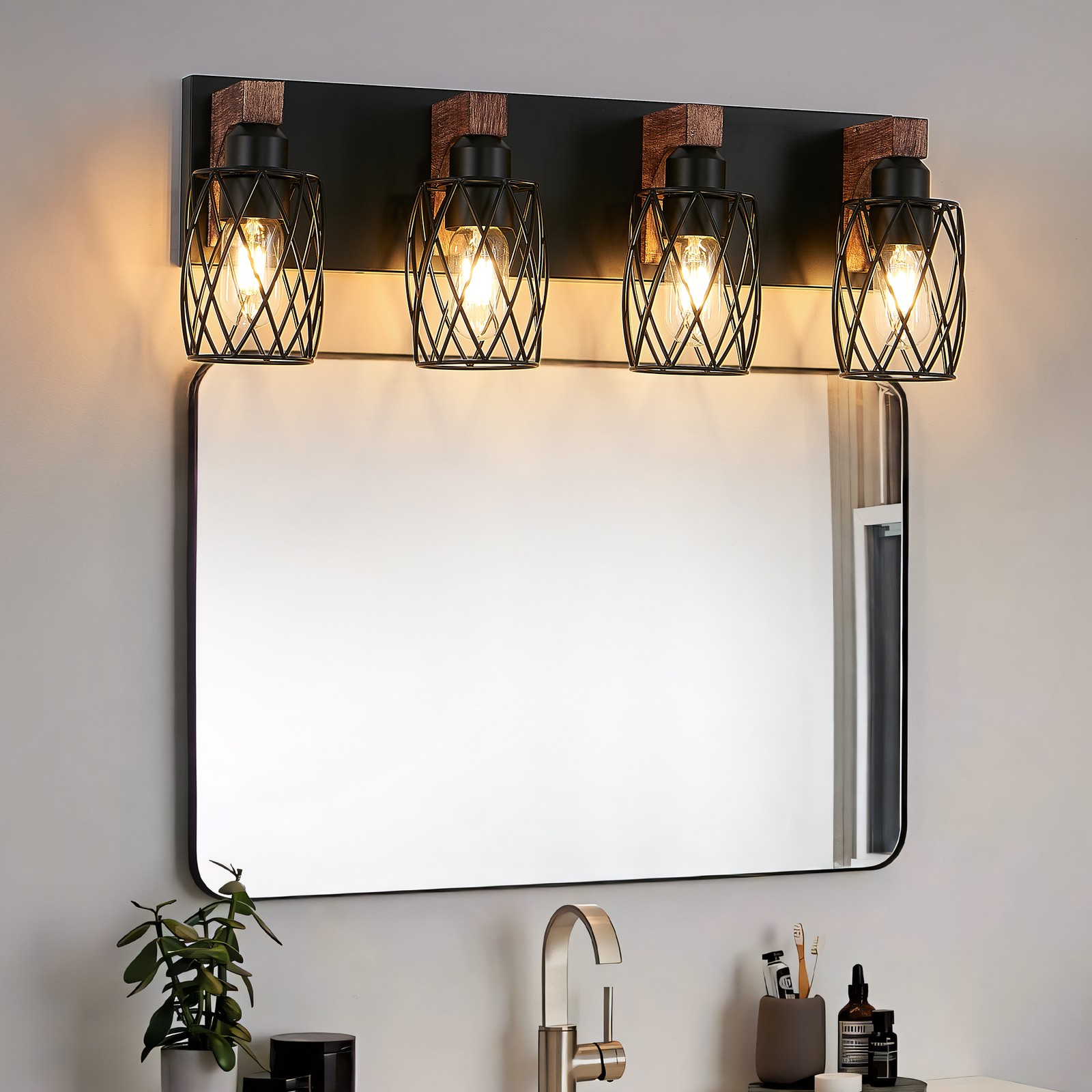 24" Rustic Caged Vanity Light 4 Lights Bathroom Mirror Wall Lamp Sconce Fixture