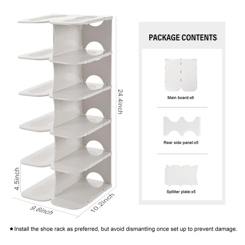 6-Tier Narrow Shoe Rack for Small Entryways, Space-Saving Adjustable Stackabl...