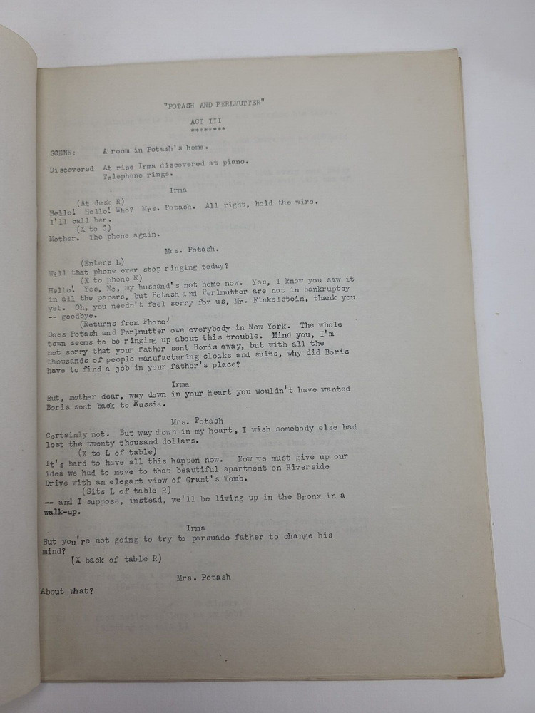 POTASH AND PERLMUTTER / 1914 Broadway Play Script, produced by A. H. Woods