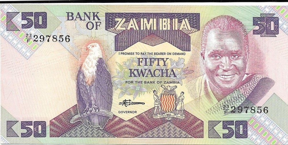 Zambia 50 Kwatcha, UNC, P -28; Features the Chainbreaker Statue and EAGLE