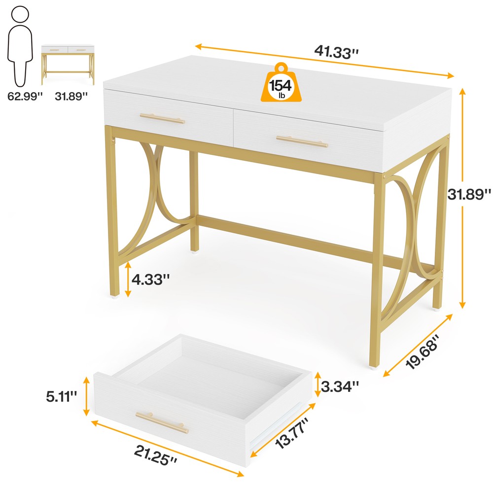 41" White Computer Desk with 2 Drawers, Modern Study Writing Desk with Storage