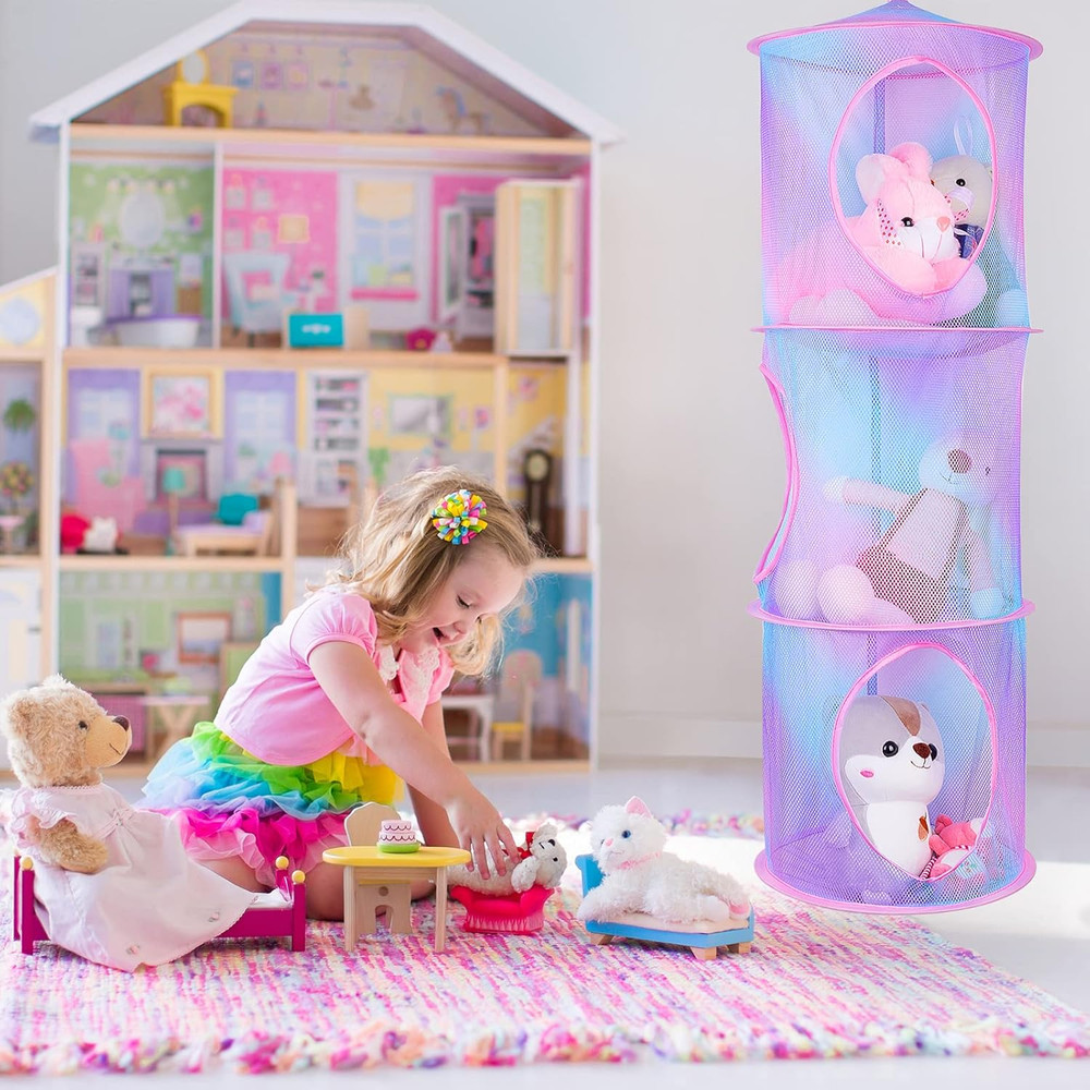 2 Pack Stuffed Animal Storage Mesh Foldable Organizer Net with 3 Compartments