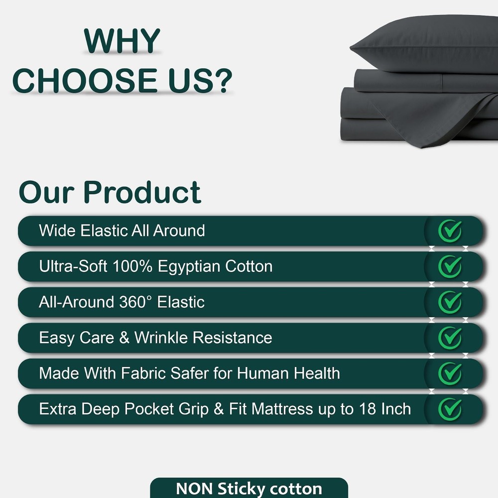 4 Piece Top Split King Sheets Sets for Adjustable Bed, 100% Egyptian Cotton B...