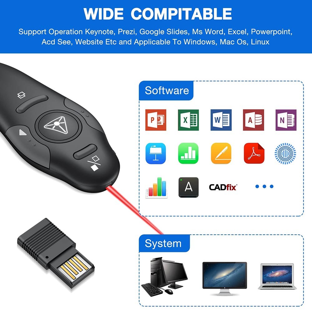 Long-Lasting High-Performance Functional Quick-Connect Wireless Presenter Remote