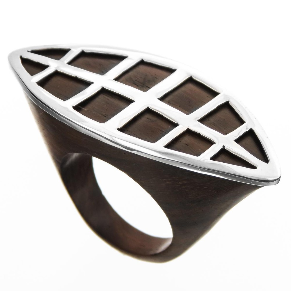 Dark Wood Eye Shape 925 Sterling Silver Ring
