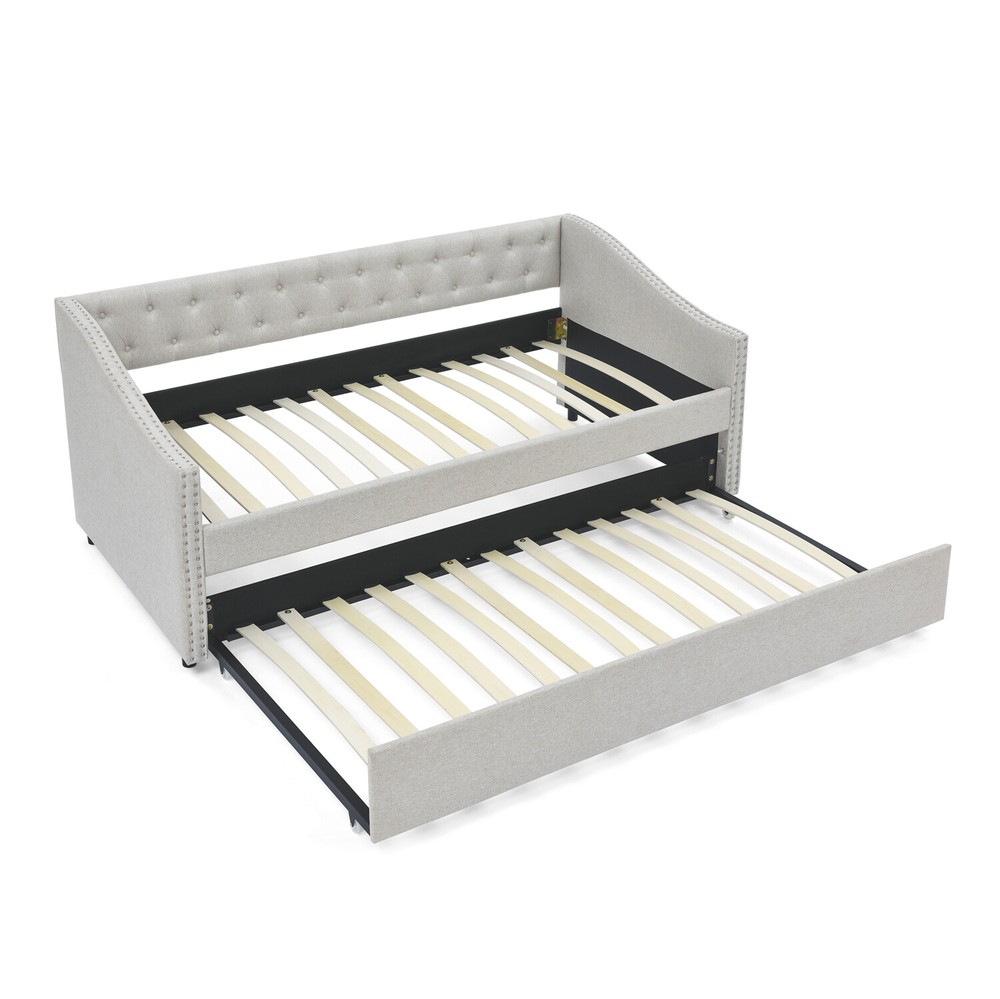 Twin/Full Size Daybed w/ Pull-Out Trundle Bed Upholstered Bed Frame Sofa Bed US