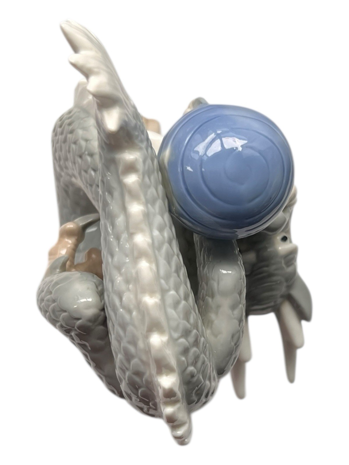 Dragon Yoshimi K Foo Porcelain Figurine w/Ball Japan 8”T 5.5”L Vintage Blue/Gray