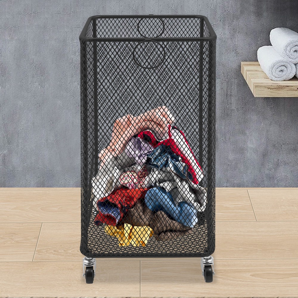 Black Iron Rolling Laundry Basket W/ Wheels For Laundry Room Balcony Kitchen Etc
