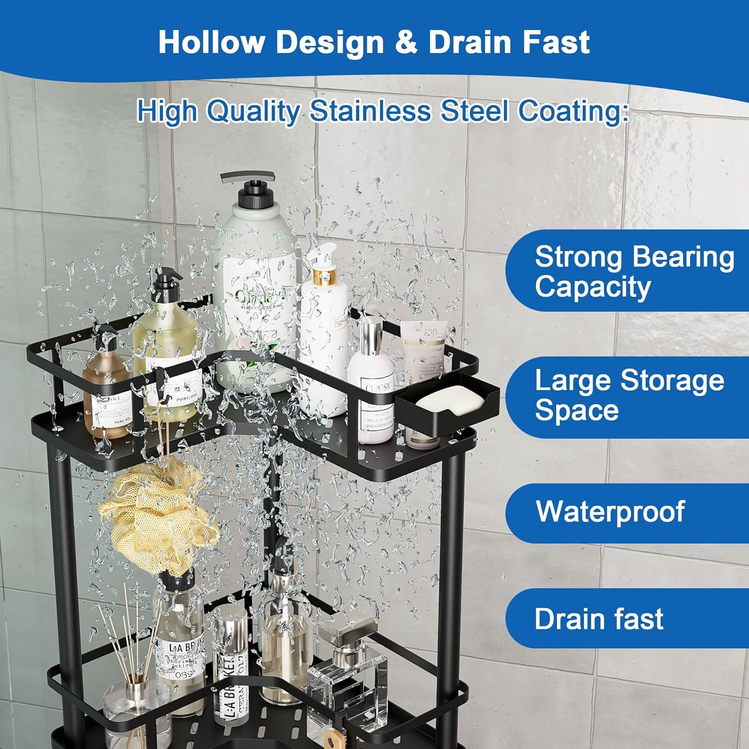 4 Tier Stainless Steel Tall Corner Shower Organizer, No Drilling Shelves