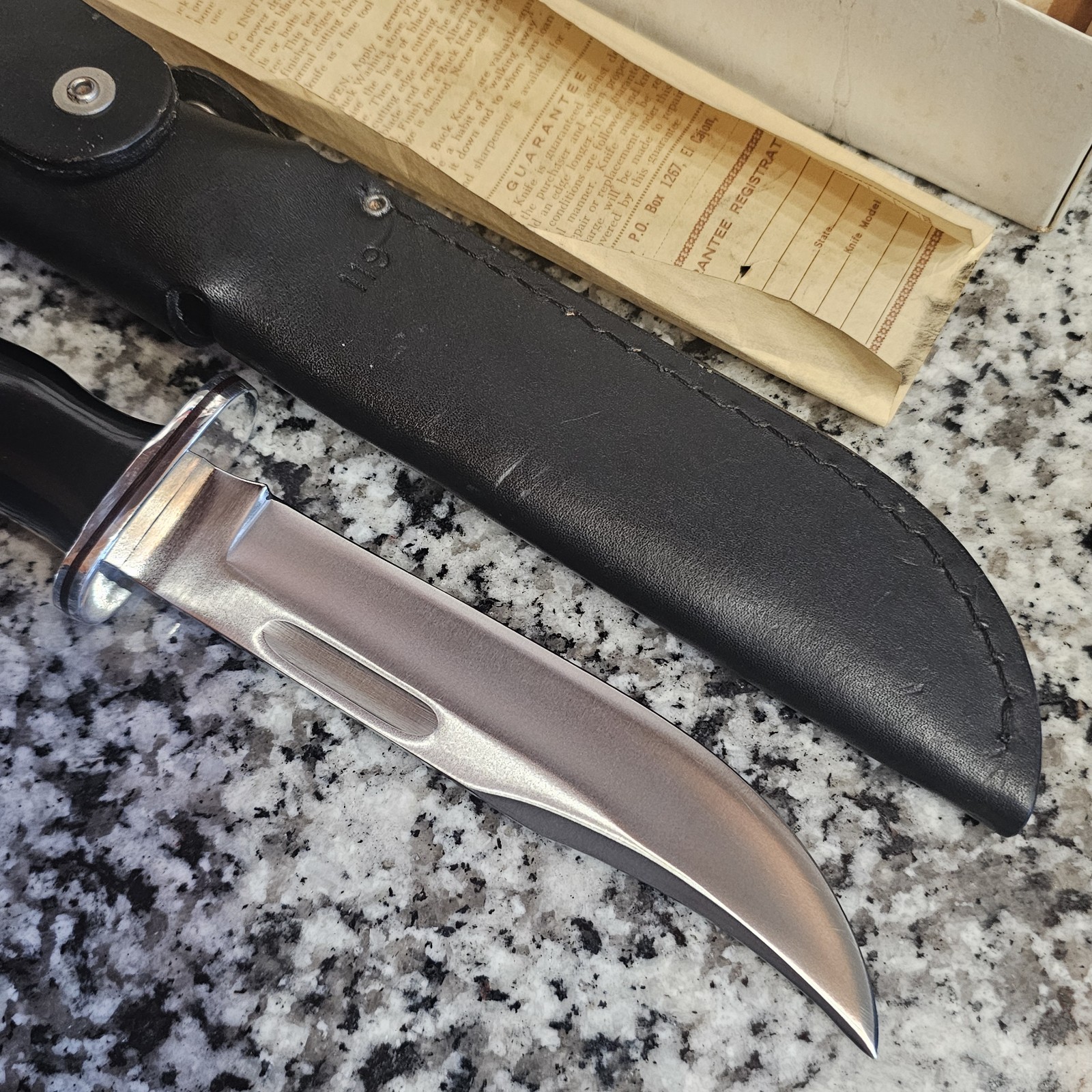 NEW NOS Vintage 10 1/2" 1972-1985 BUCK # 119 Knife w/ Sheath & 118 Box Papers