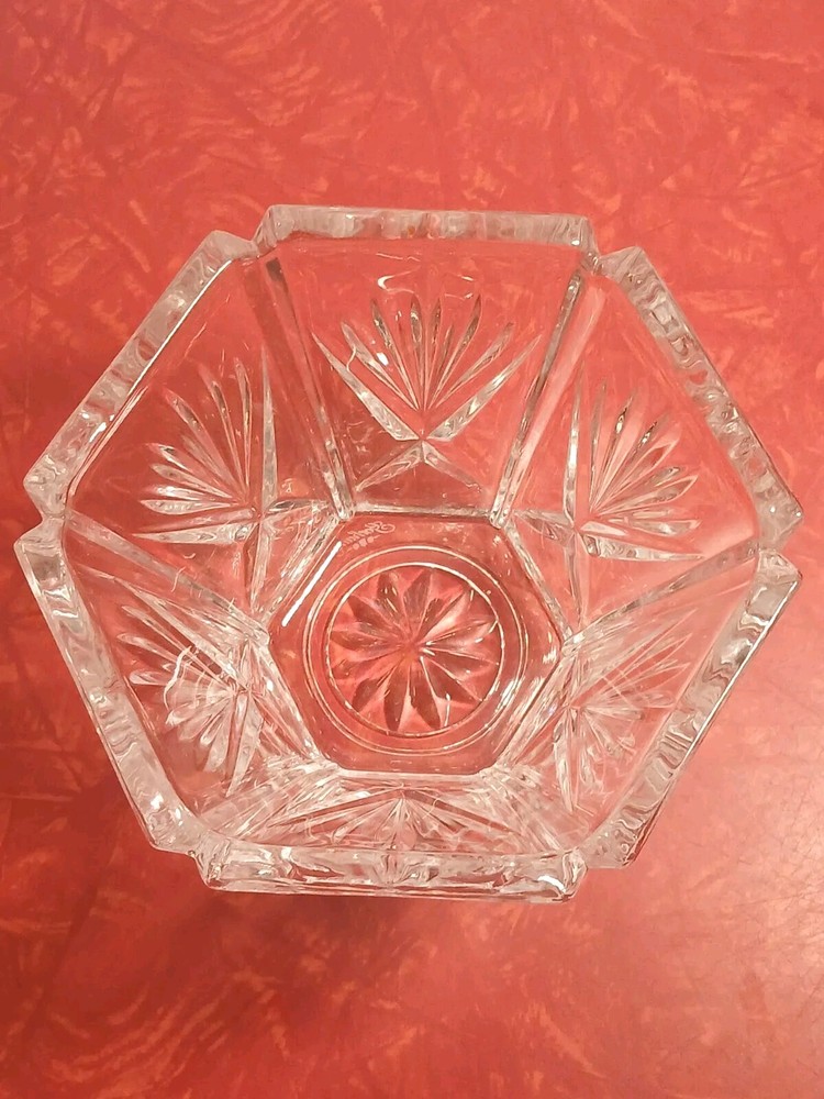 GORHAM CRYSTAL FAN DESIGNS CANDY NUT DISH SEXTAGONAL MARKED