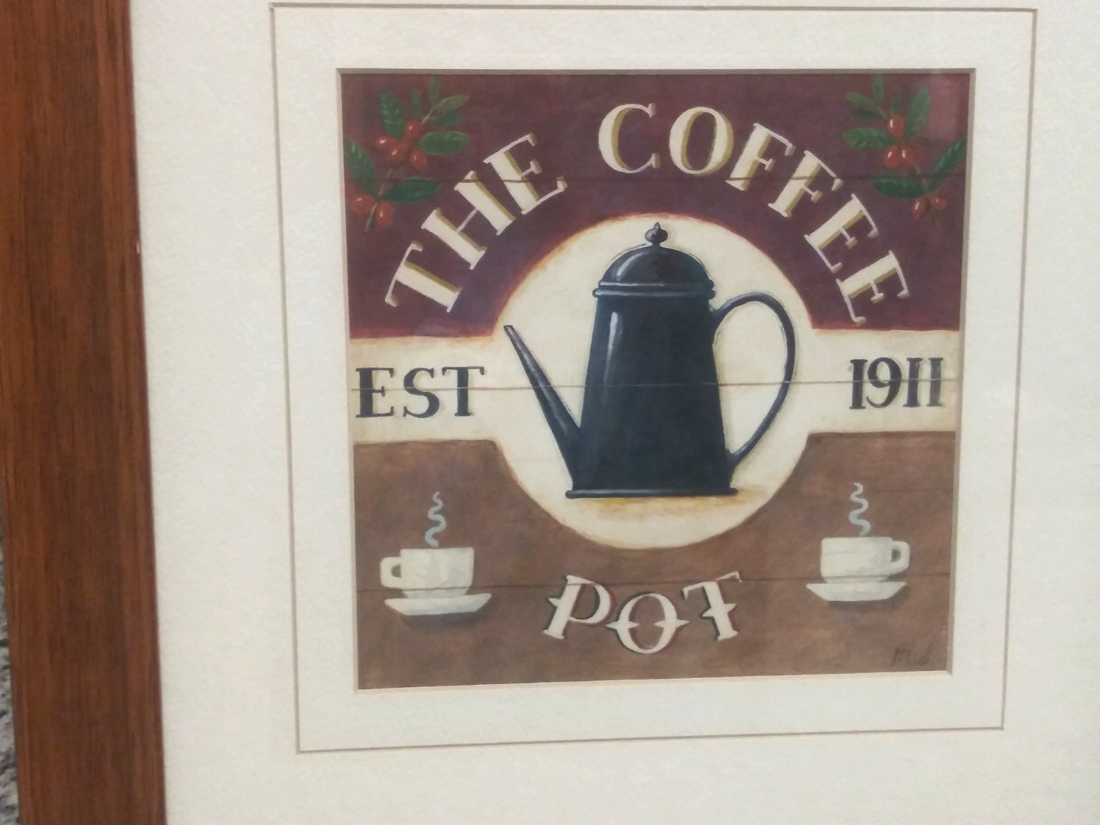 Coffee Themed Wall art "THE COFFEE POT " wood framed w/glass wall hanging 15x15