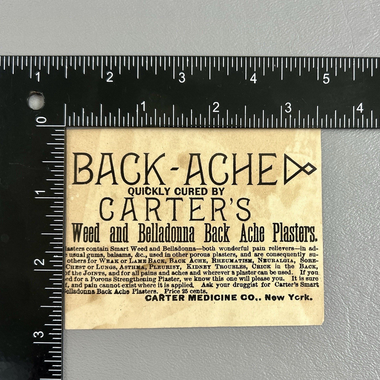 Victorian Trade Card Carter Medicine Co New York Weed & Belladonna My Poor Back