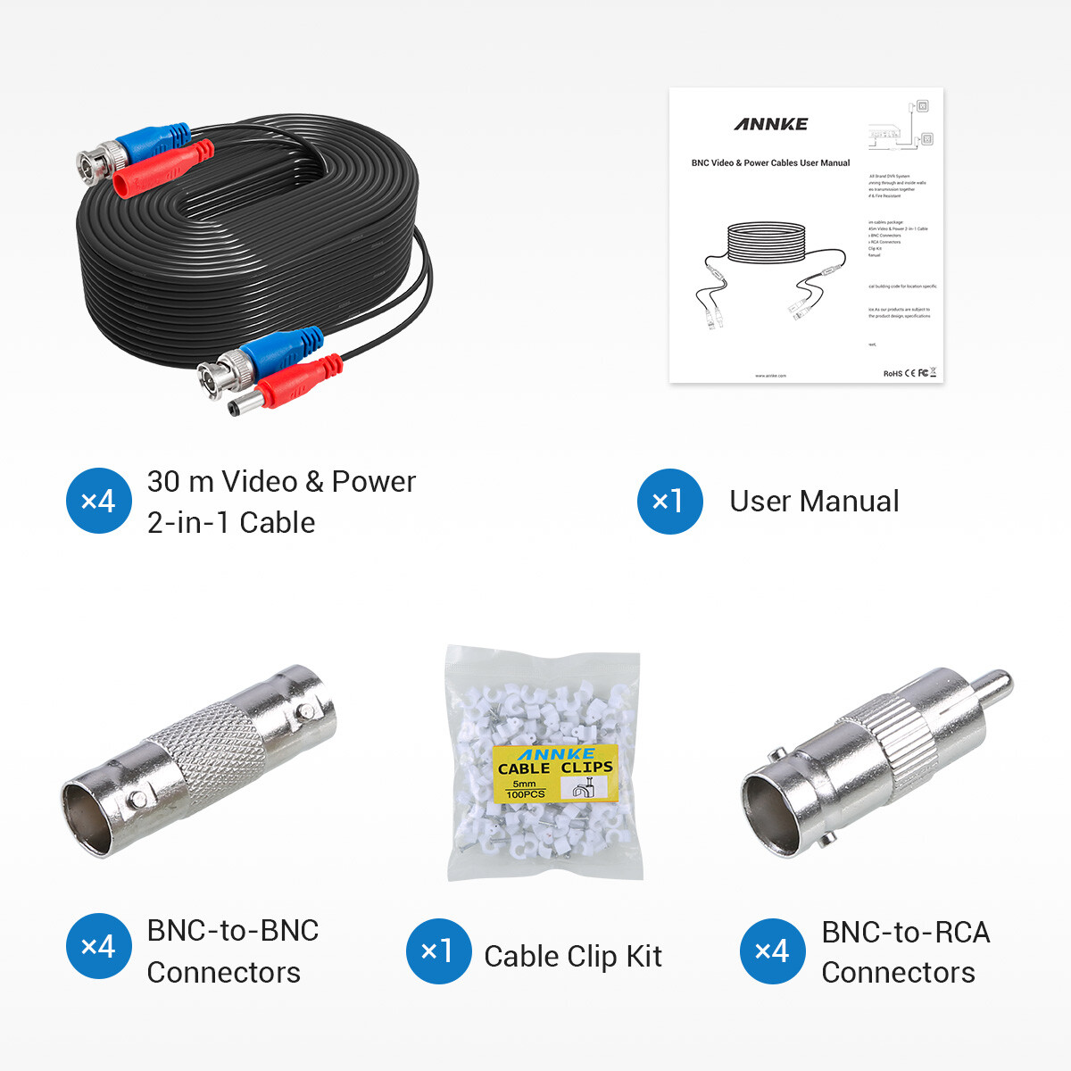 ANNKE 4pcs 100ft Video Power Cable BNC RCA Cord Wire for Security Camera System