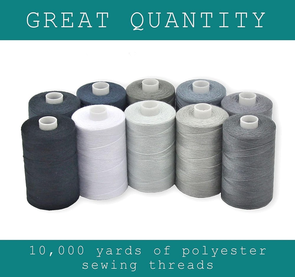 Gray Sewing Threads - 10 Large Spools of Polyester Thread for Hand Quilting &...