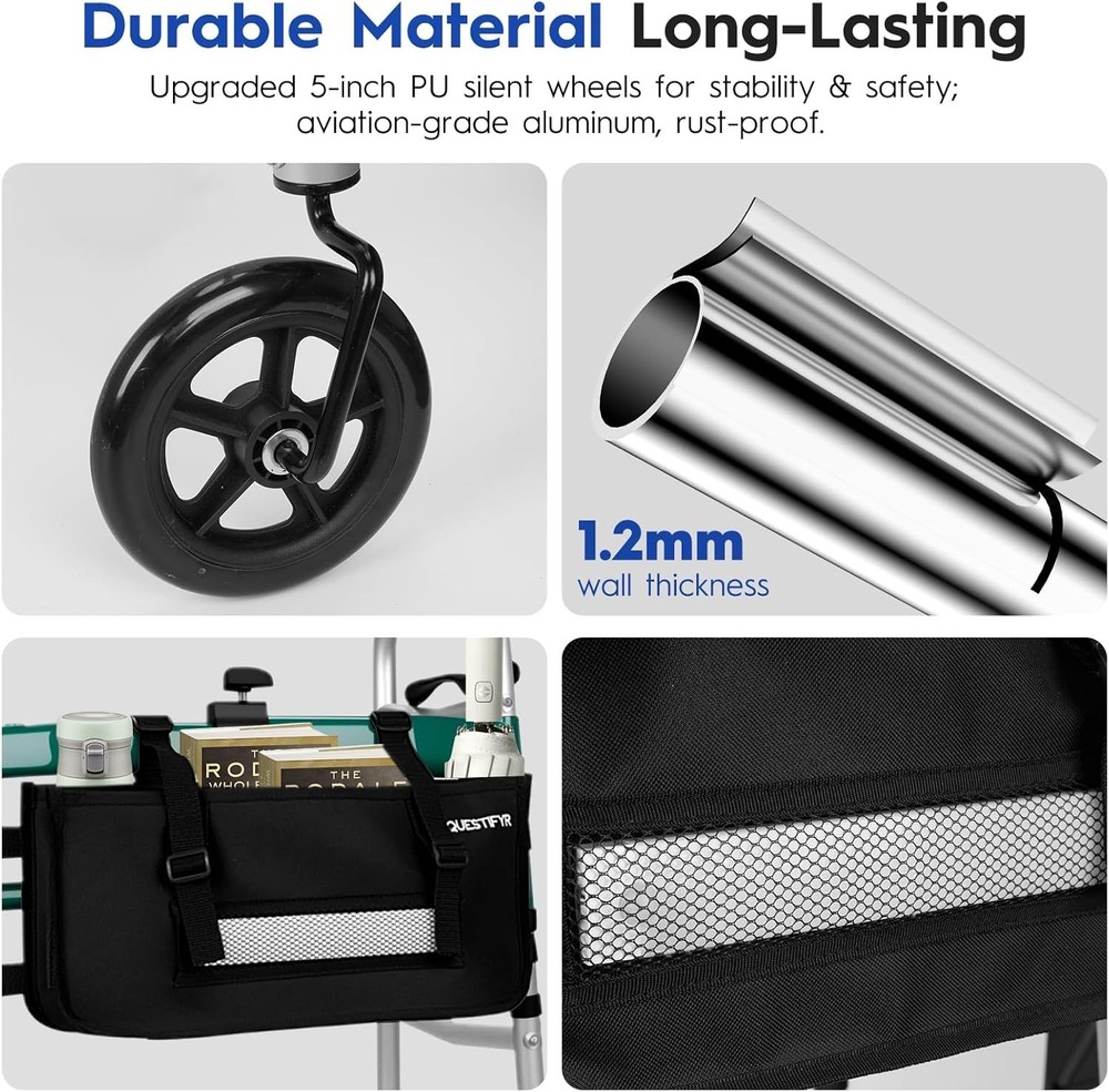 Foldable Walker with 360° Swivel Wheels & Motion Sensor Light, Lightweight Ad...