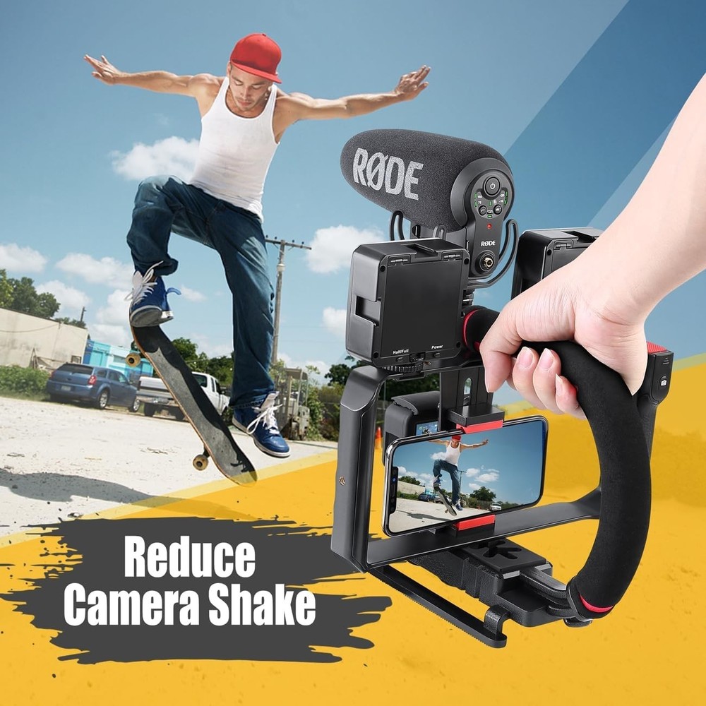 Camera Smartphone Handheld Stabilizer, Triple Cold-Shoe Handle Grip Compatibl...