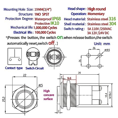 5Pcs 19mm Momentary Push Button Switch High Round IP68 Waterproof 5Pcs Silver