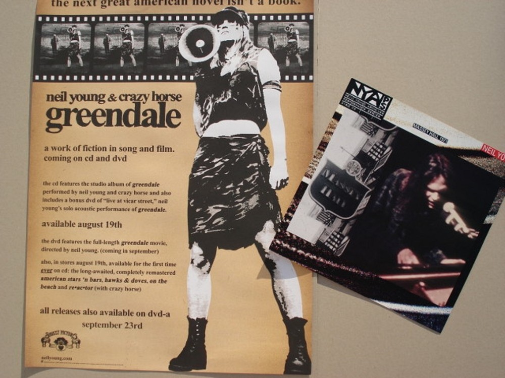 NEIL YOUNG "GREENDALE" U.S. PROMO POSTER + "MASSEY HALL" CARDBOARD FLAT