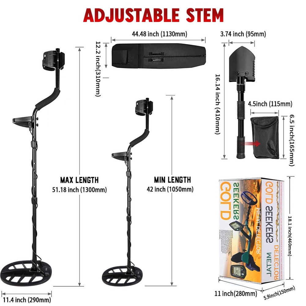 Metal Detector Waterproof High Accuracy , 15" Detection Depth, Pinpoint & Disc