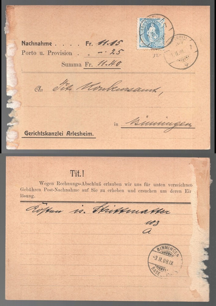 1908 Switzerland Arlesham Binningen Postal Card
