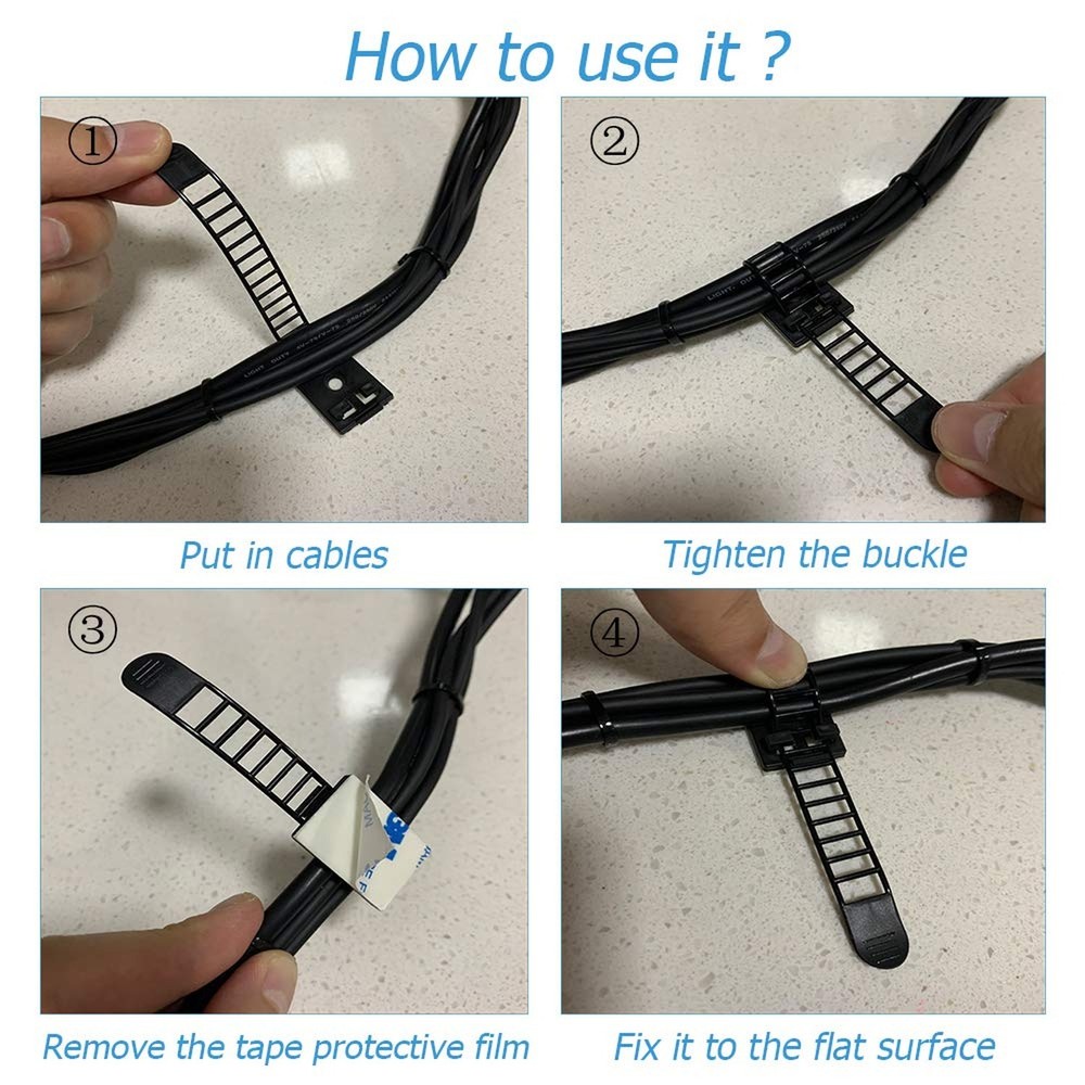 50pcs 2 Sizes Adjustable Adhesive Cable Ties Cable Clips Wire Strap Cord Clam...