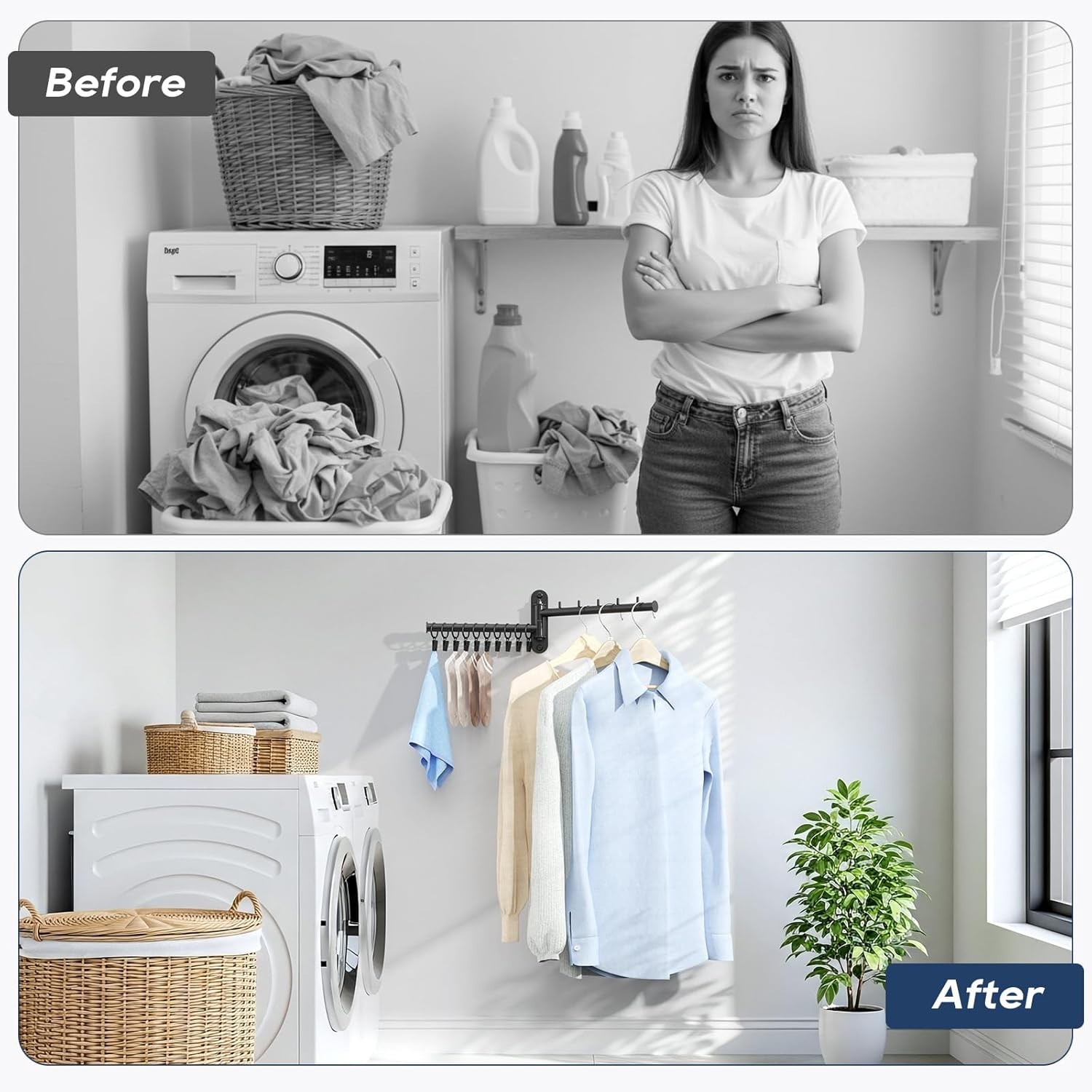 Wall Mounted Drying Rack, 2-Tier Laundry Drying Rack with Swing Arm, Space-Savin