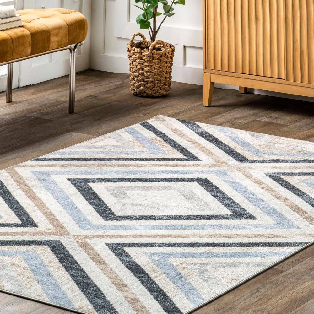 Akari Transitional Diamond Machine Washable Blue Doormat 3 Ft. X 5 Ft. Area Rug