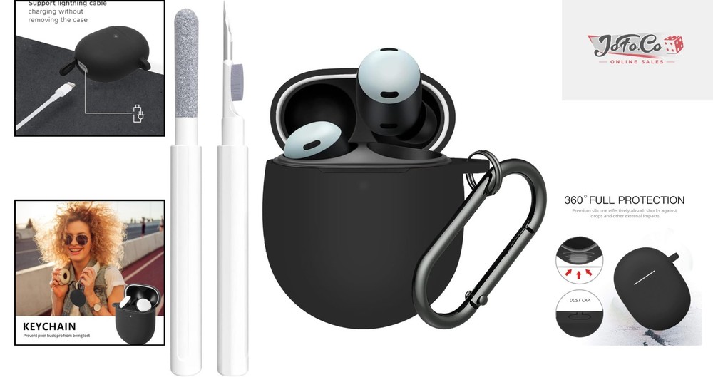 Sleek Black Shockproof Case for Google Pixel Buds Pro & Pro 2 with Cleaning Kit