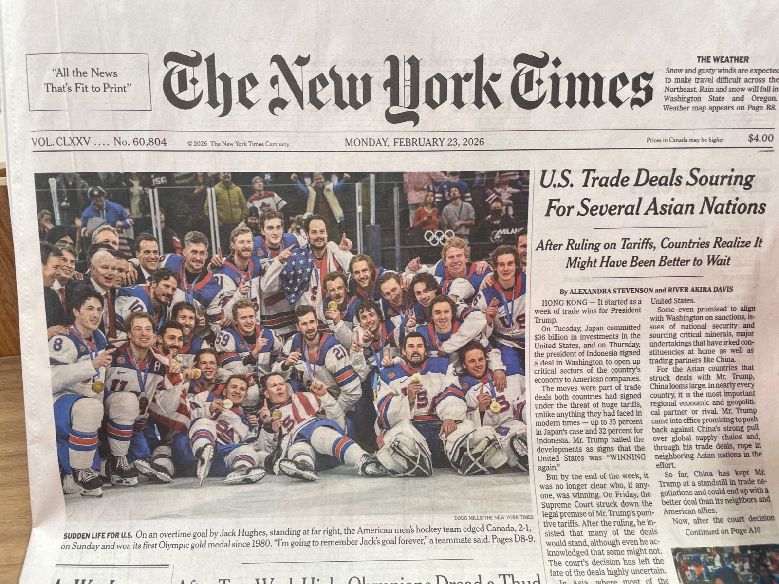 23FEB2026 TEAM USA 🇺🇸 WINS OLYMPIC GOLD GALLANTLY SCREAMING FULL PAPER NYTIMES