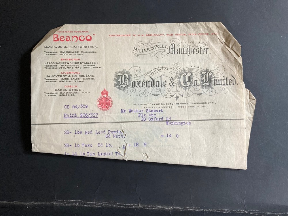 Two Baxendale & Co Manchester Beanco bill invoice advice