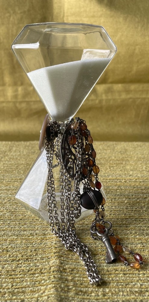 Assemblaged Art Using Modern Hourglass with Vintage Chains Key Button