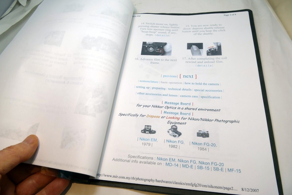 Camera guide instruction manual printed and bound folder for Nikon EM