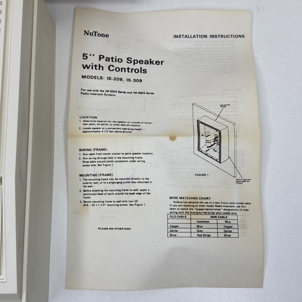 NUTONE IS-309 5" Outside Patio Speaker 3003 Intercom Adobe White NOS Open Box